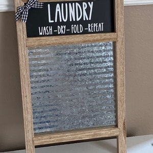 Laundry Room Decor - washboard sign - wash dry fold repeat - farmhouse style decor - Buffalo checkered ribbon -Rae Dunn Font