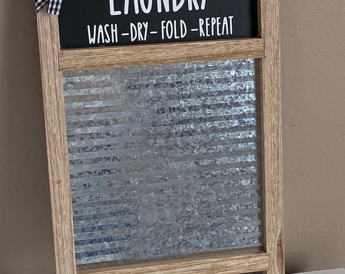 Laundry Room Decor - washboard sign - wash dry fold repeat - farmhouse style decor - Buffalo checkered ribbon -Rae Dunn Font