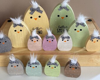 Set of mini Spring Chicks Three polka dot chicks Pastel or Neutral wood chick Easter chicks Cute spring decor shelf sitter tiered tray decor