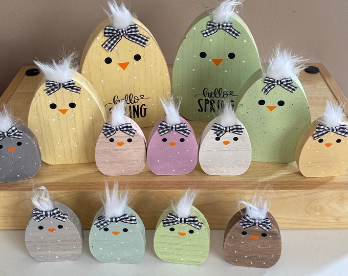Set of mini Spring Chicks Three polka dot chicks Pastel or Neutral wood chick Easter chicks Cute spring decor shelf sitter tiered tray decor