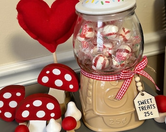 Glass Jar Gumball Machine With Custom Wood Tag Ice Cream Cone Buffalo Check Cookie Jar Seal Tight Lid Gum Ball Decor Holder Storage Kitchen