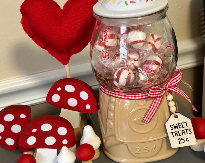 Glass Jar Gumball Machine With Custom Wood Tag Ice Cream Cone Buffalo Check Cookie Jar Seal Tight Lid Gum Ball Decor Holder Storage Kitchen