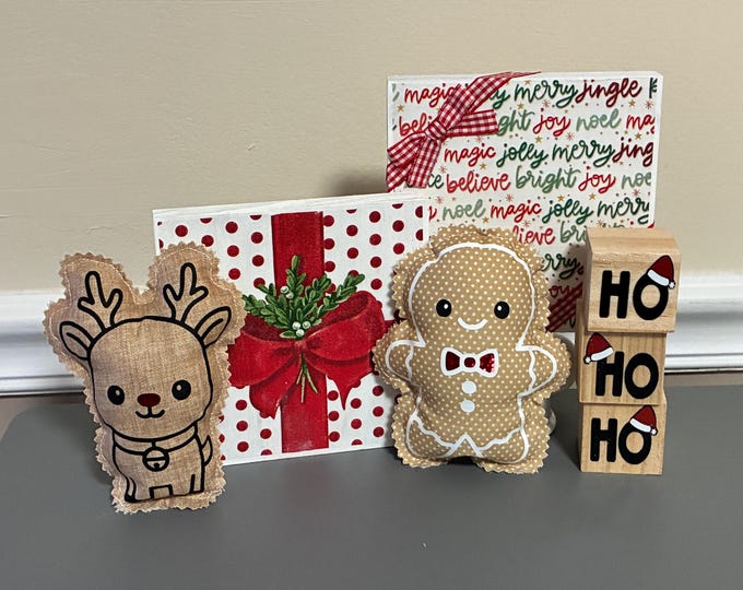 REINDEER and GINGERBREAD MAN mini Pillows Bowl Filler Tiered Tray Decor Polka Dot Little Holiday Characters Leaners + Sign Christmas Decor