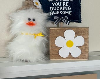 Frazzled DUCK duckling With Daisy Hat Positive Reminder You're Ducking Awesome Gift White Faux Fur Little Duckie Option + Sign Fun Decor