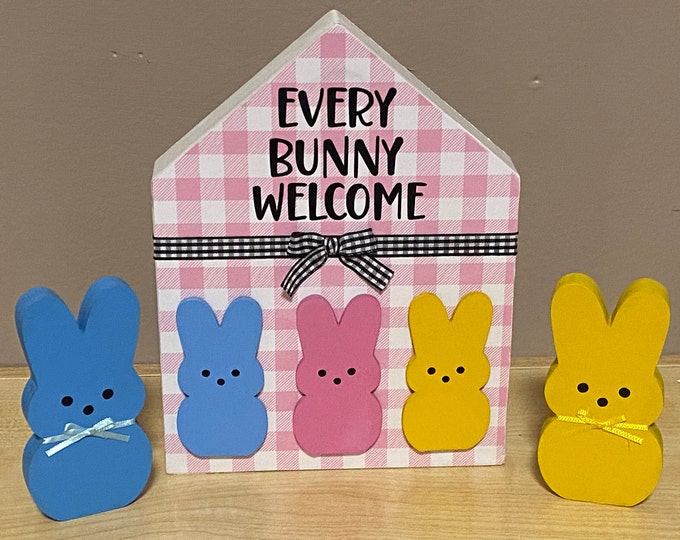 Every Bunny Welcome Wood House Easter Decor Spring Decoration Blue Yellow Pink Wood Bunnies Buffalo Checkered Ribbon Welcome Wooden Sign