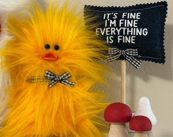 Frazzled DUCK Duckling Standing Tiered Tray Decor I’m Fine It’s Fine Gift Yellow Faux Fur Little Duck Option Sign Funny Decor Buffalo Check