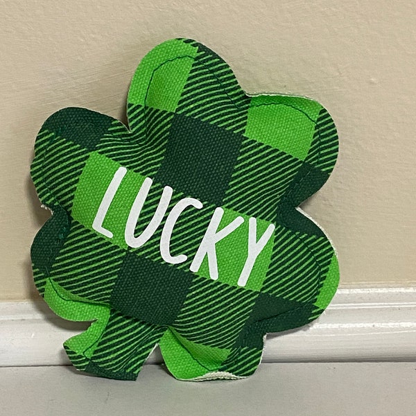 LUCKY Pillow, Lucky Clover Decor, St Patrick's Day Decor, Green Plaid Mini Pillow, Farmhouse Style, Tiered Tray Checkered Shamrock Pillow