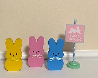 Spring tiered tray set - 3 wood bunnies and Bunny Crossing sign - wood bunnies - pink blue yellow bunnies - set of 4 items Easter bunnies