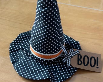 Witch Hat Decoration - Fabric Weighted Witch Hat Black and White Polka Dot Pattern for Home Decor - With BOO! Tag Halloween Decor Fall Tray