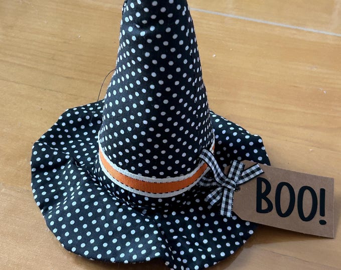 Witch Hat Decoration - Fabric Weighted Witch Hat Black and White Polka Dot Pattern for Home Decor - With BOO! Tag Halloween Decor Fall Tray