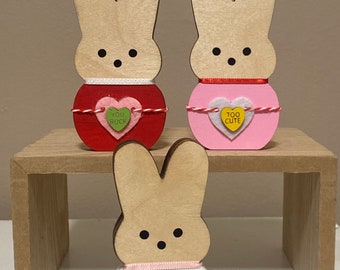 Set of 3 valentine wood bunnies, wood bunny, Valentine’s Day decor, tiered tray, pink red white, conversation hearts XOXO bunny cutout