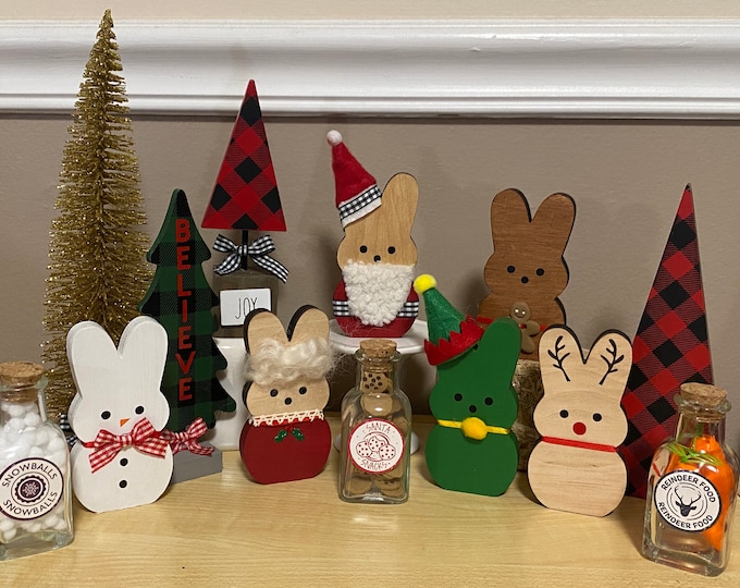 Christmas bunny wood bunnies Santa Snowman Elf Mrs Claus Gingerbread Man 4” holiday tiered tray decor family Reindeer Rudolph Frosty