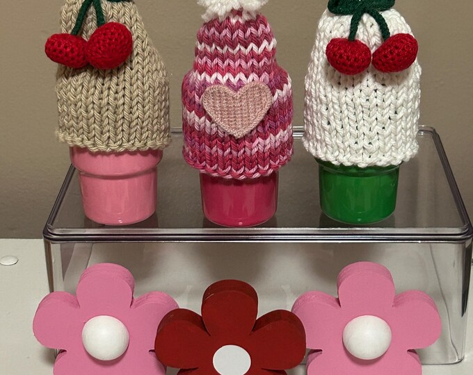 Cherry Hat and mini tumbler Set - Cherries  Knitted Hat for 3oz mini tumbler with straw - Tiered Tray Decor Seasonal Cherry Decor