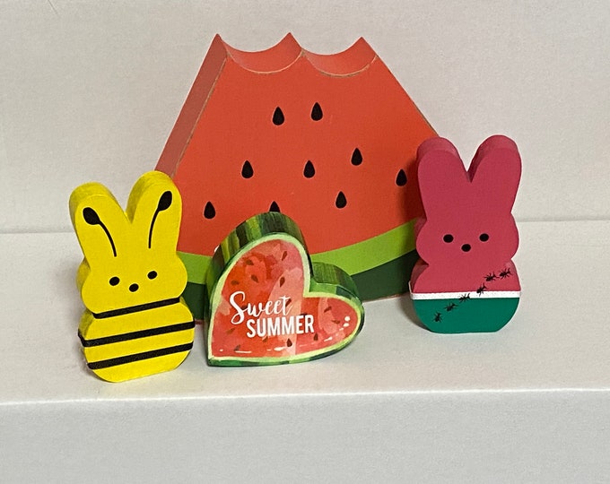 Set of two wood bunnies wood cutout 4” peep peeps WATERMELON Slice ants and BUMBLE BEE Handmade wooden  tiered tray summer decor mantle