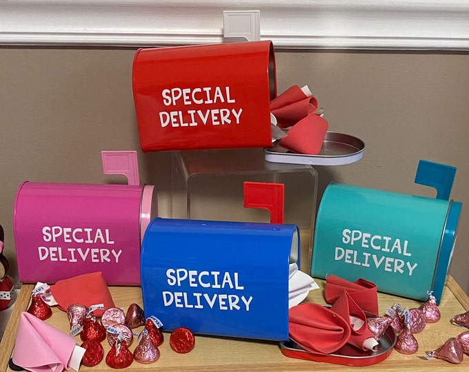 SPECIAL DELIVERY little tin mailbox Valentines gift for kids Choice to Personalize + foam fortune cookies Choice of Red Blue Pink or Teal