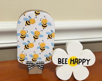Bumble Bee decor - BEE HAPPY Tiered Tray - Options of Set of 3 Wood Daisies Flowers- Standing wood whimsical tree - Popsicle Summer Decor