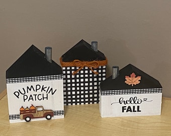 Set of 3 wooden houses Buffalo checkered HELLO FALL Pumpkin Patch Fall seasonal tiered tray decor wood house farmhouse style decorations