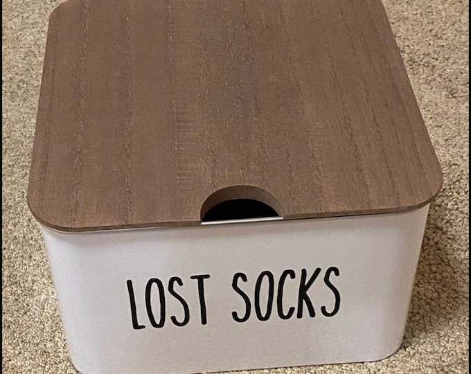LOST SOCKS Storage Container Bin with Wood Top Lid Stackable Laundry Room Home Decor Box Farmhouse Box Rae Dunn Font