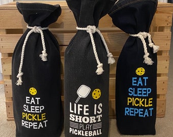 Pickleball gift bag made from jeans SET OF 3 Wine Bags repurposed denim recycled upcycled denim Pickle Ball Team Gift Pickleball Lover