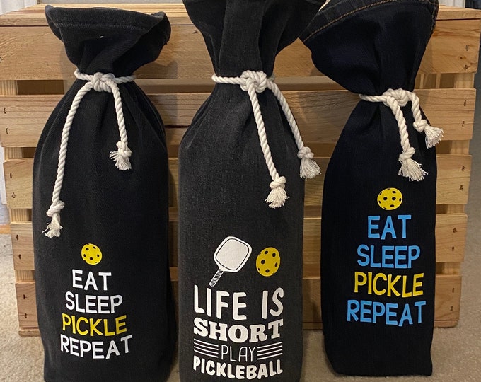 Pickleball gift bag made from jeans SET OF 3 Wine Bags repurposed denim recycled upcycled denim Pickle Ball Team Gift Pickleball Lover