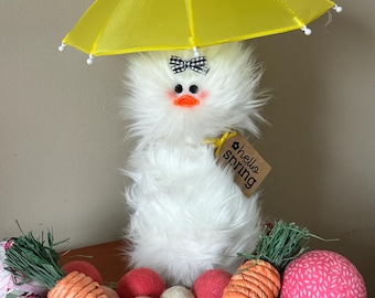 Frazzled Duck with Umbrella standing faux fur spring decor Hello Spring gift Pink or Yellow Option Fuzzy Duck Easter Spring Decor