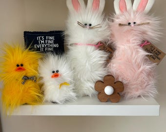 Frazzled Family BUNNY and DUCKLING standing faux fur spring decor I’m Fine It’s Fine gift White Fuzzy Bunny Little Duck Easter Quacker