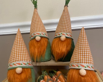 Checkered Carrot Gnome - Spring Gnome - Handmade Carrot Hat - Easter Gnome Plaid Checkered Gnome Farmhouse Decor Style CARROT GNOME