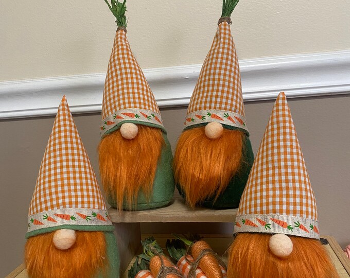 Checkered Carrot Gnome - Spring Gnome - Handmade Carrot Hat - Easter Gnome Plaid Checkered Gnome Farmhouse Decor Style CARROT GNOME