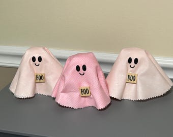 Pink Ghost Decor 4" Fabric Ghost Patterned Fabric Smiling Ghost holding BOO sign Standing Tiered Tray Decor Cute Fall Decor Pink Halloween