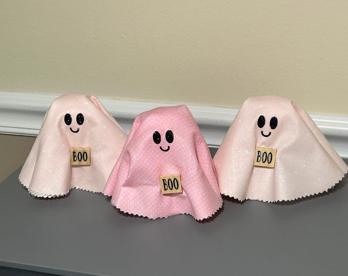 Pink Ghost Decor 4" Fabric Ghost Patterned Fabric Smiling Ghost holding BOO sign Standing Tiered Tray Decor Cute Fall Decor Pink Halloween