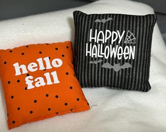Cute Halloween Pillow 4" mini pillow for tiered tray Choice of Hello Fall Polka Dot Orange and Black or Striped Happy Halloween Bats Web