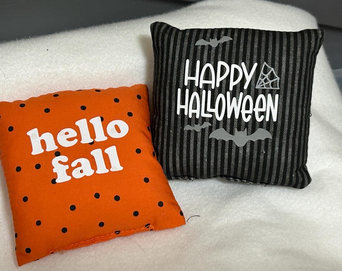 Cute Halloween Pillow 4" mini pillow for tiered tray Choice of Hello Fall Polka Dot Orange and Black or Striped Happy Halloween Bats Web