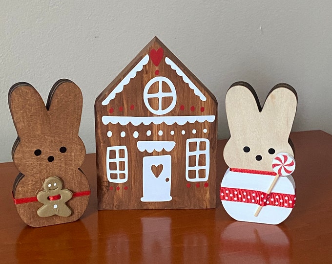 Set of Wood Bunnies and Wood House For Christmas Tiered Tray Candy Cane and Gingerbread Man Gingerbread House Seasonal Decor Wooden Handmade