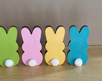 Set of 4 wood bunnies with pompon tails Easter wood bunny Polka Dot pink blue green yellow peep style decor tiered tray wooden block bunny