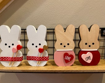 Valentine bunny wood cutout 4” LOVE peep peeps Rae Dunn Font conversation heart wooden bunnies pink red white tiered tray decor mantle Cupid