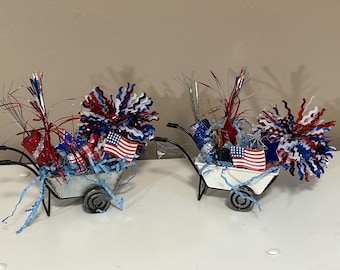 4th of July Decor - Patriotic Decor Fireworks Wheel Barrow Summer Patriotic Tiered Tray July 4th Stars Flag White and Blue WheelBarrow Wagon