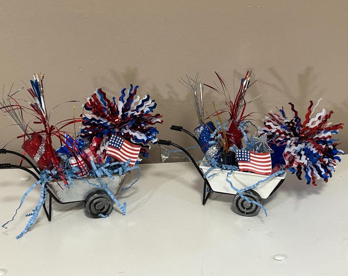 4th of July Decor - Patriotic Decor Fireworks Wheel Barrow Summer Patriotic Tiered Tray July 4th Stars Flag White and Blue WheelBarrow Wagon