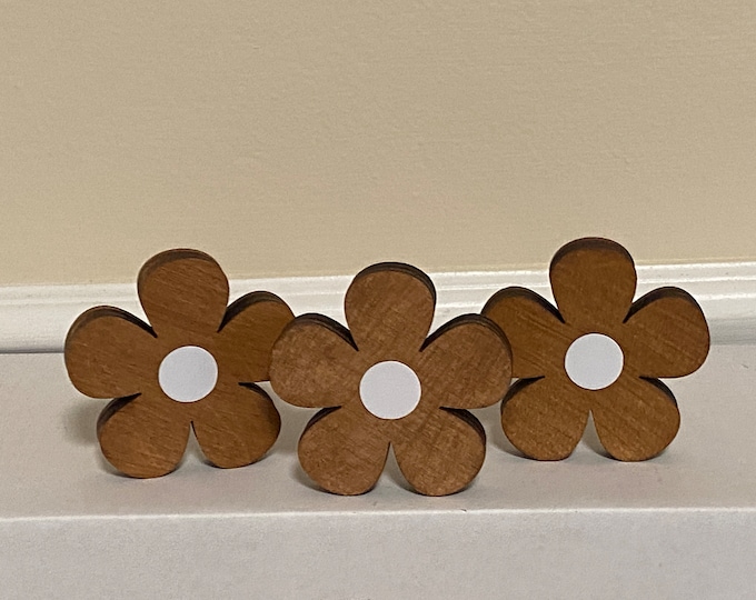 Wood Daisies - Set of 3 Standing Wooden Flowers - Rustic Fall Decor - Wood Daisy Set - 3" wood flowers for tiered tray decor Farmhouse Decor