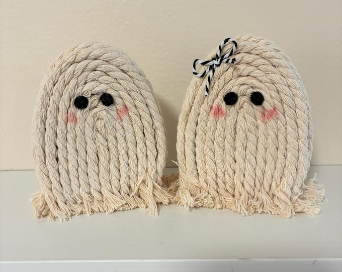 Rope Ghost Couple Standing Ghosts Halloween Handmade Tiered Tray decor farmhouse style His and Hers Wood base 4 1/2" High + Variations