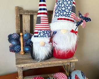 America 250 Gnome, Patriotic Gnome, Patchwork Fabric American Flag Red White and Blue, Stars and Stripes, Tiered Tray 4th of July Gnome