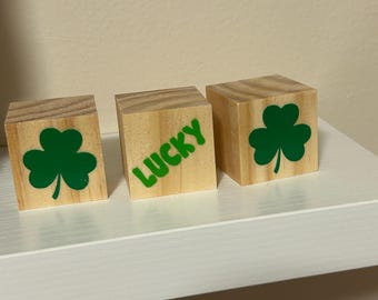 St Patrick’s Day Decor - LUCKY Blocks - Set of 3 Wood Blocks - Cubes Wooden Blocks - Stackable Tiered Tray Blocks Shamrock Decor Shamrocks