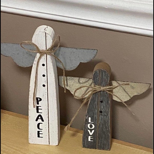 Set of two wood angels wooden decor PEACE LOVE farmhouse style Christmas tiered tray holiday gift Metal wings customized holiday decorations