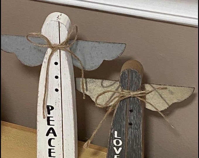 Set of two wood angels wooden decor PEACE LOVE farmhouse style Christmas tiered tray holiday gift Metal wings customized holiday decorations