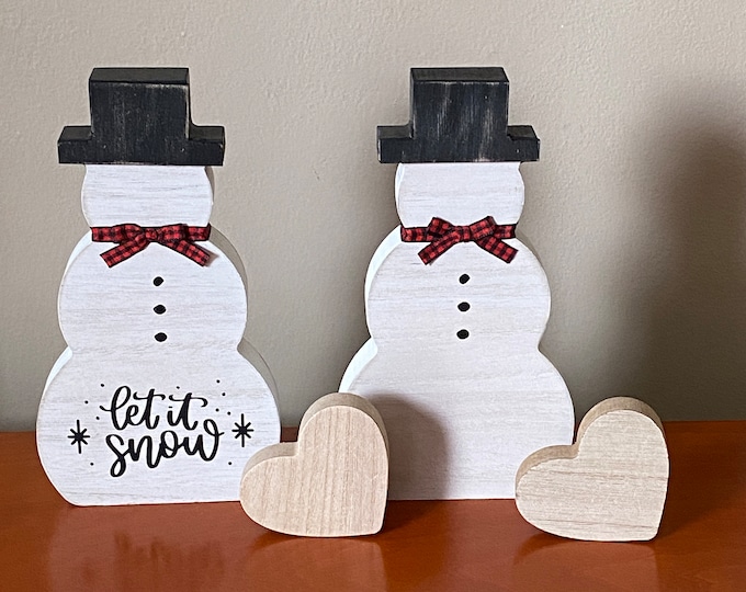Wooden Snowman - Whitewash Snowman with Buffalo Plaid Bow - Snowman Decor Christmas Decor Distressed Wood Snowman and Hat LET IT SNOW Option