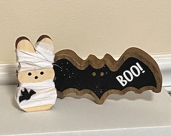 Halloween Tiered Tray Decor - 2 Piece Set - Mummy and Bat - Wood Bunny and Wood Bat BOO! Fall decorations Halloween Decor