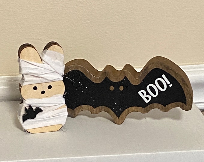 Halloween Tiered Tray Decor - 2 Piece Set - Mummy and Bat - Wood Bunny and Wood Bat BOO! Fall decorations Halloween Decor