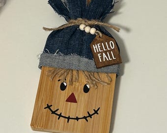 Cute Scarecrow Made From Cutting Board -Hello Fall Decor - Scarecrow Decor Tiered Tray Prop on Mantel or use as Hanging Sign Denim Jeans