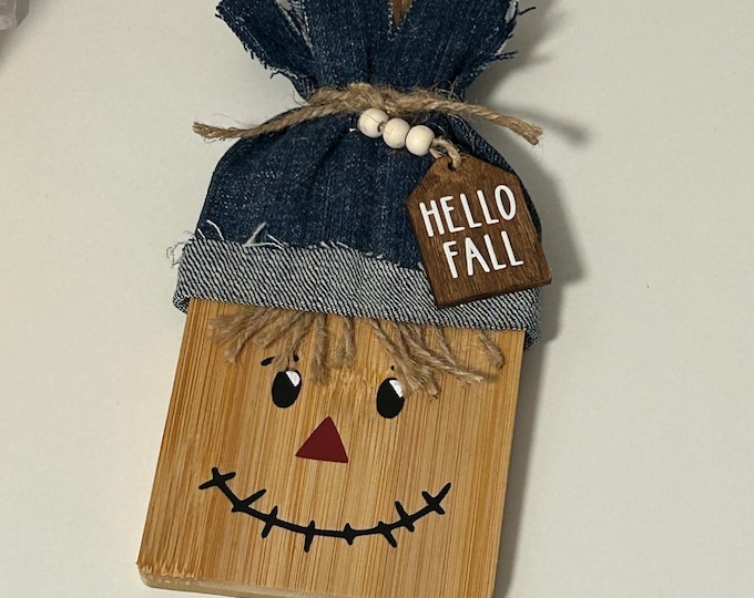 Cute Scarecrow Made From Cutting Board -Hello Fall Decor - Scarecrow Decor Tiered Tray Prop on Mantel or use as Hanging Sign Denim Jeans