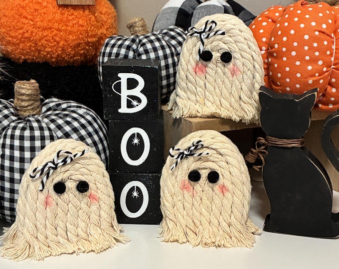 Set of 3 Standing Rope Ghost Halloween Decor Handmade Rope Ghost  FALL tiered tray decor farmhouse style seasonal Wood base ghosts with bows