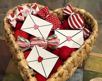 Set of Valentine's Day Bowl Filler Wood love letters 3D heart faux envelopes candies Wool Balls Red Pink White Fabric Tiered tray decor